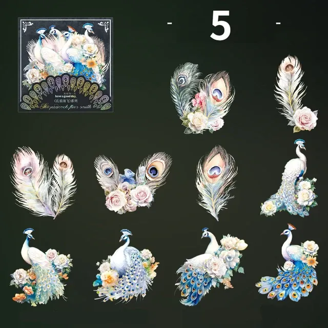 10pcs/pack Light Retro Peacock Theme Laser Sticker