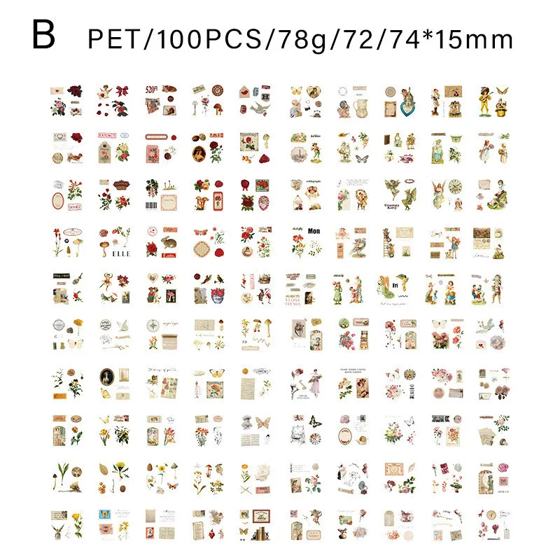 100 PCS Retro Large portion PET Stickers Box