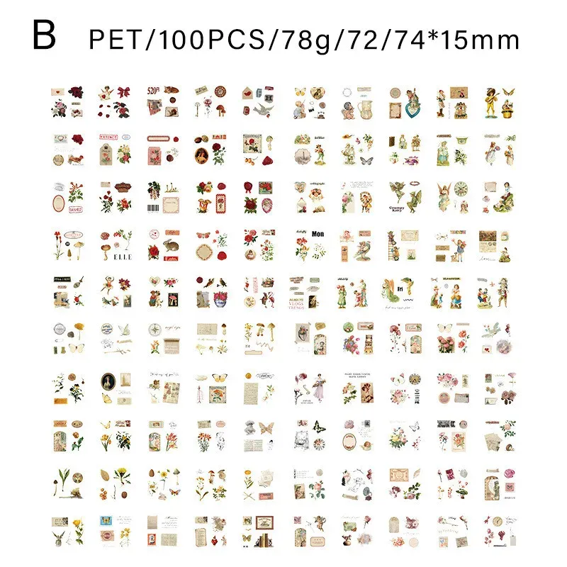100 PCS Retro Large portion PET Stickers Box