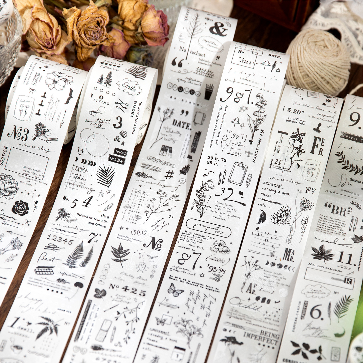 Vintage black and white plants phrases sulfuric acid paper background tape 1.97 inches * 78.74 inches