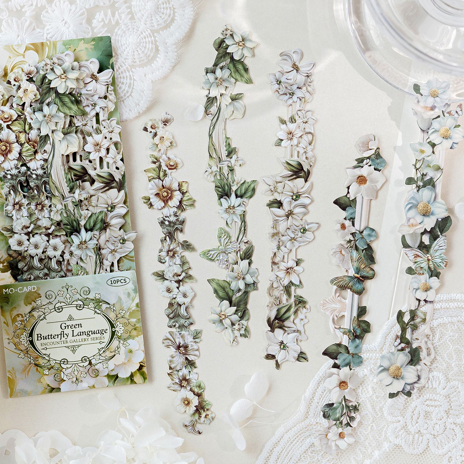 10 pcs/Pack Long Strip Vintage Floral Embossed Stickers