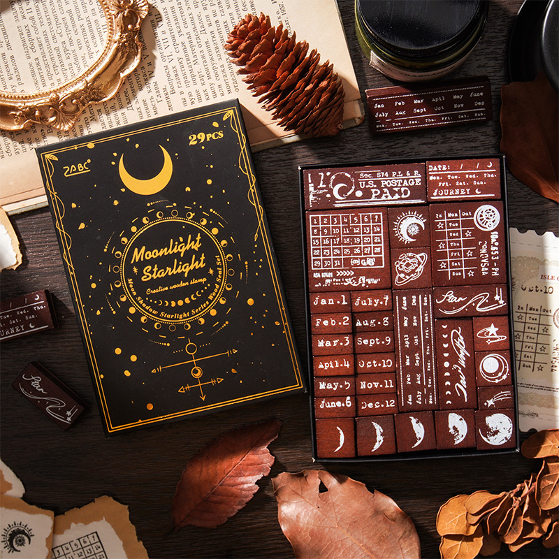 29Pcs/Box Moon Calendar Theme Wood Stamp Set