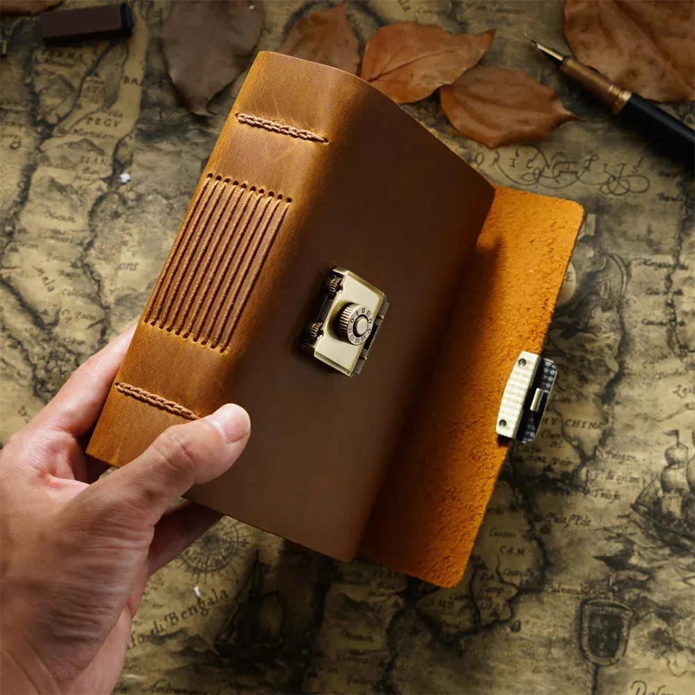 A5/A6/A7 Handmade Password Diary Genuine Leather Cover 400 Pages Thick Vintage Blank Kraft Paper