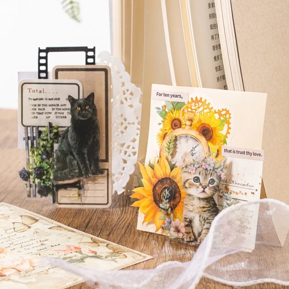 Vintage Cat Handbook Material Pack Flower Decoration Sticker