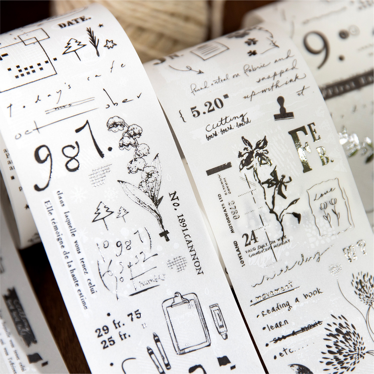 Vintage black and white plants phrases sulfuric acid paper background tape 1.97 inches * 78.74 inches