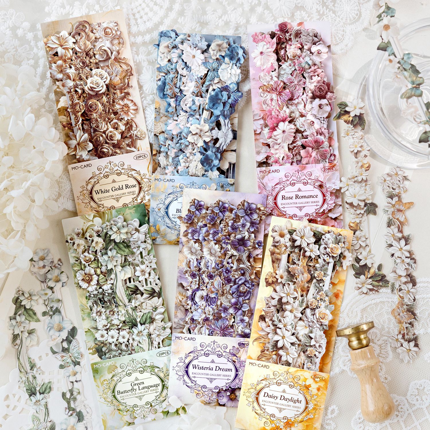 10 pcs/Pack Long Strip Vintage Floral Embossed Stickers