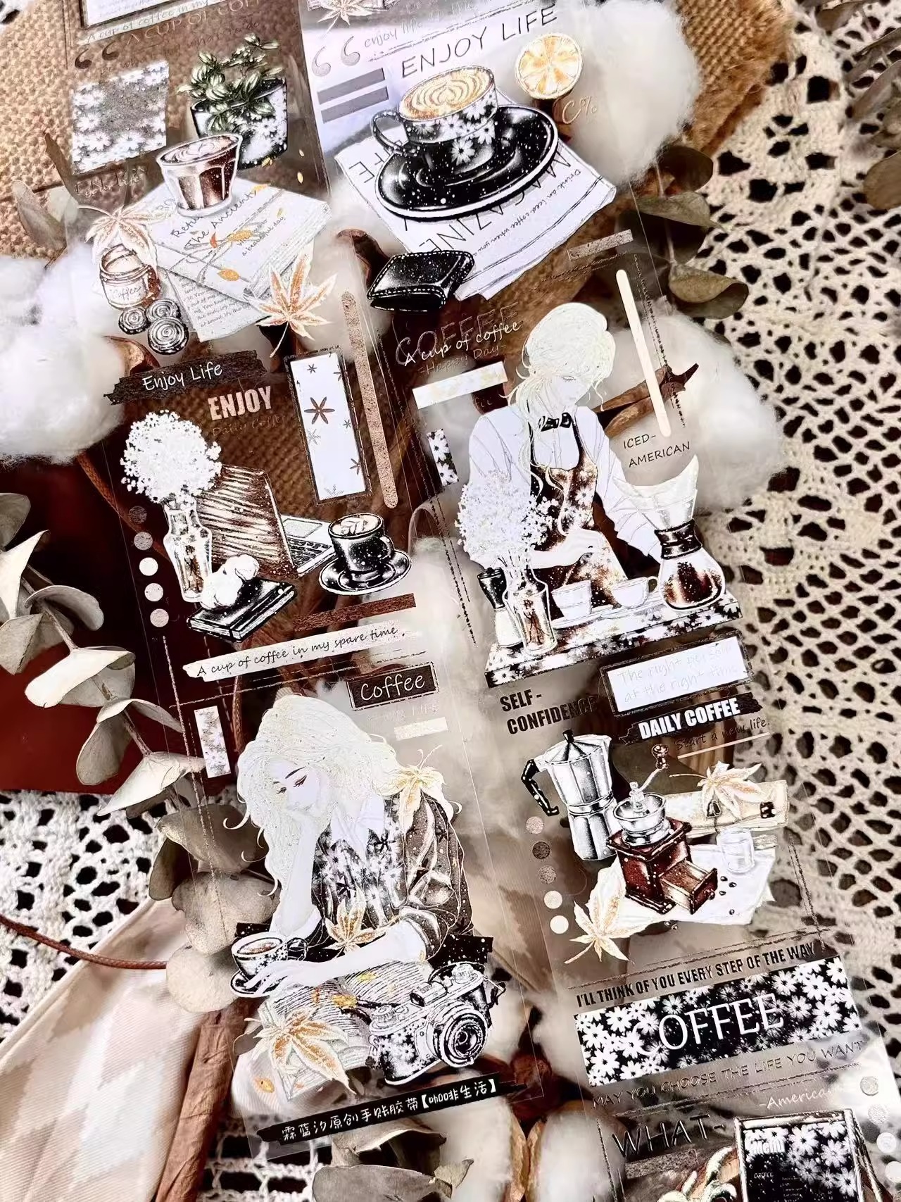 LLX Studio Coffee life theme retro character PET tape主图