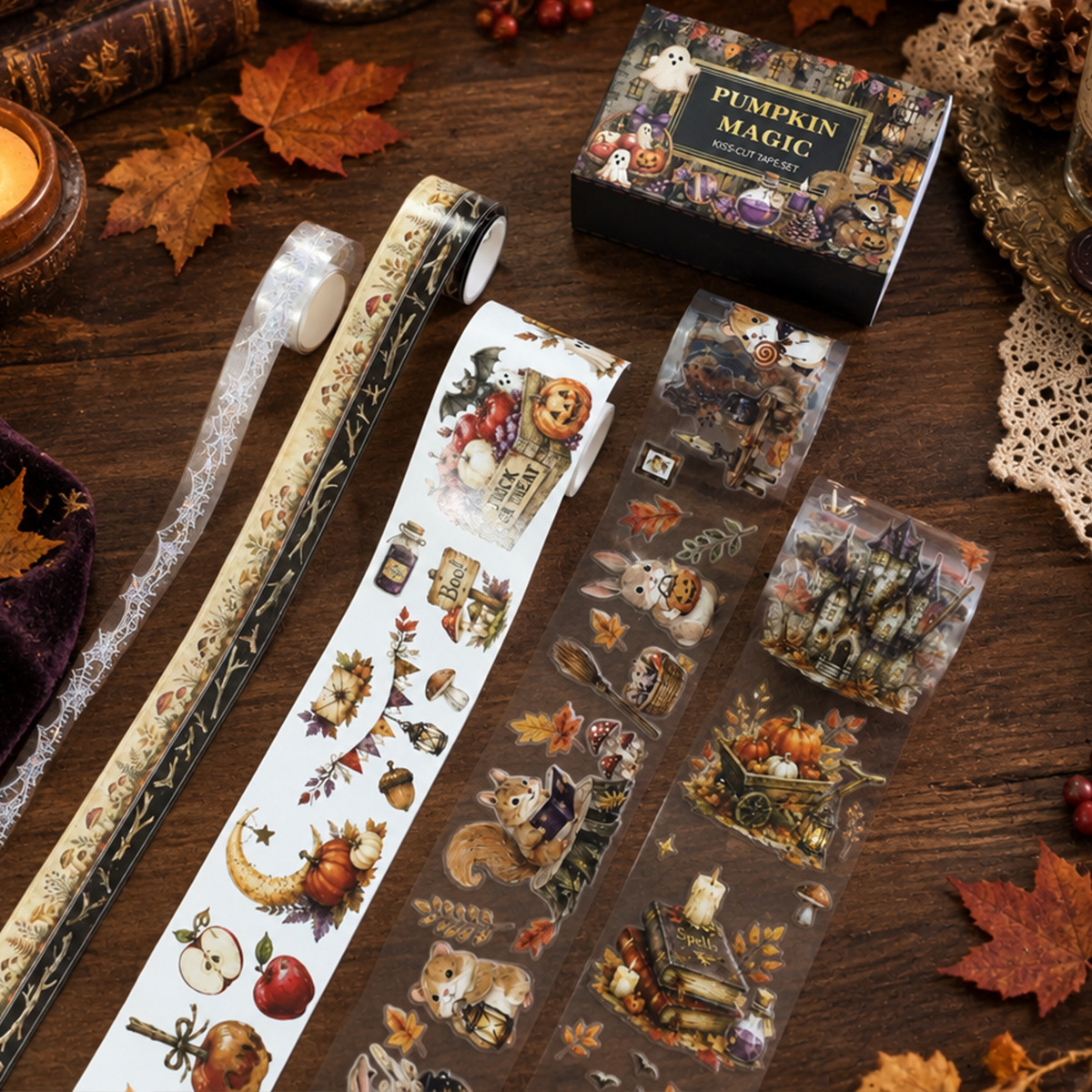 4 Rolls Halloween Autumn Maple Leaves Multi-Design PET Tape Set Box