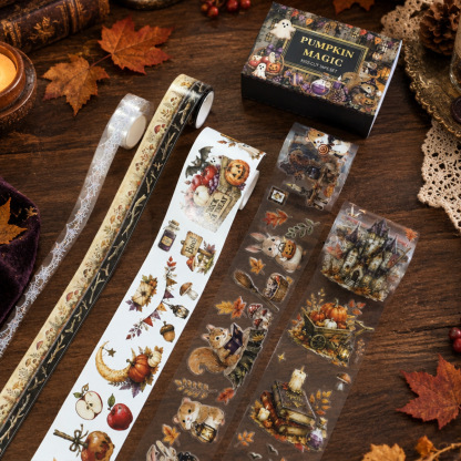 4 Rolls Halloween Autumn Maple Leaves Multi-Design PET Tape Set Box