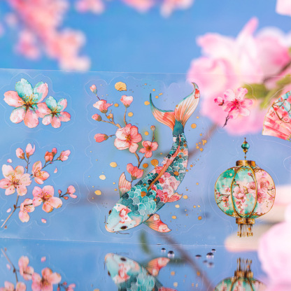 Pre-cut Japanese style cherry blossom koi theme PET Tape 2.36 inch * 78.74 inch