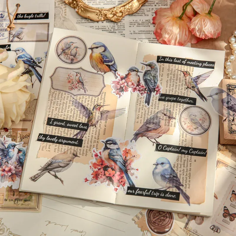 20Pcs illustrated flower, bird and landscape sticker book suitable for scrapbooking, diary and bullet journal