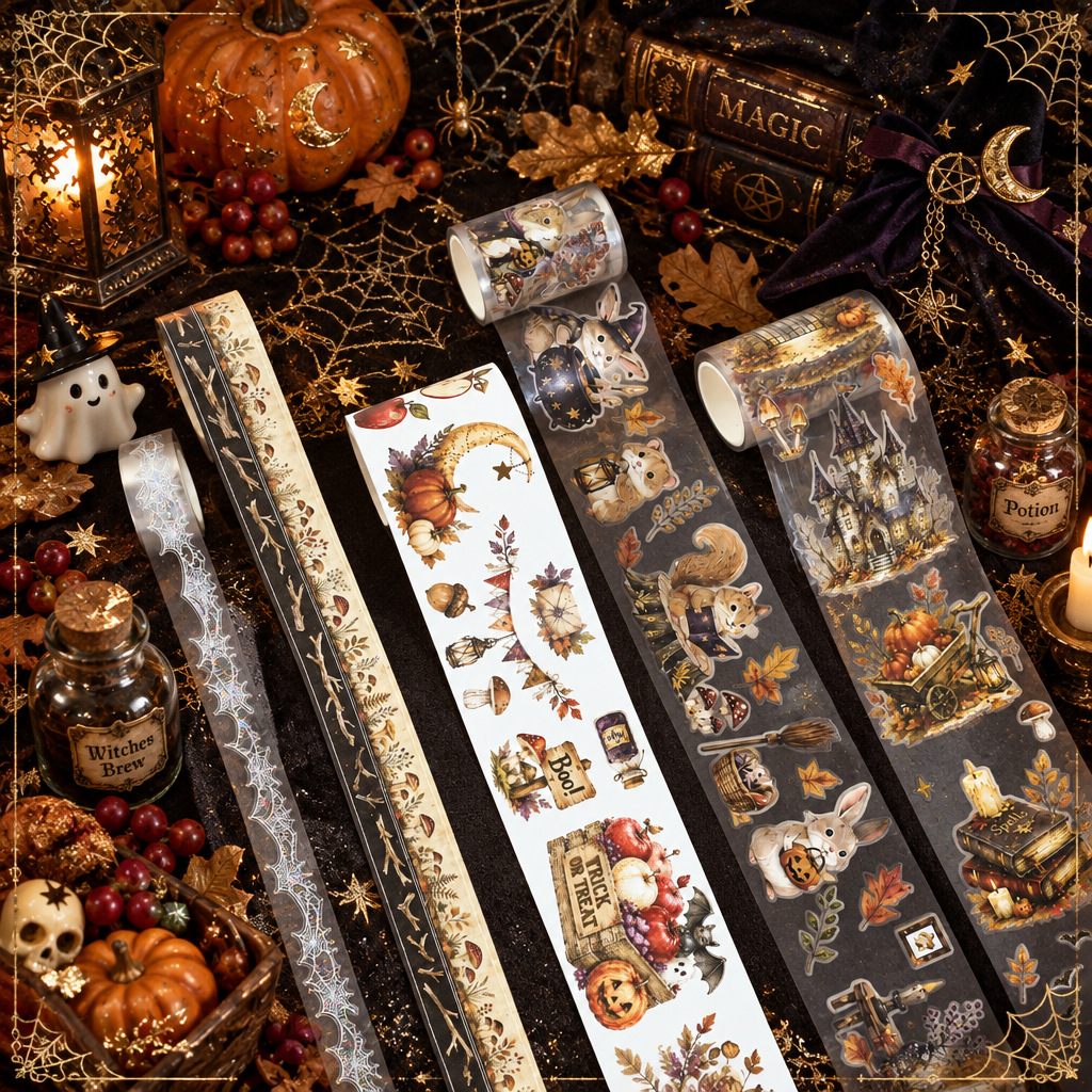 4 Rolls Halloween Autumn Maple Leaves Multi-Design PET Tape Set Box