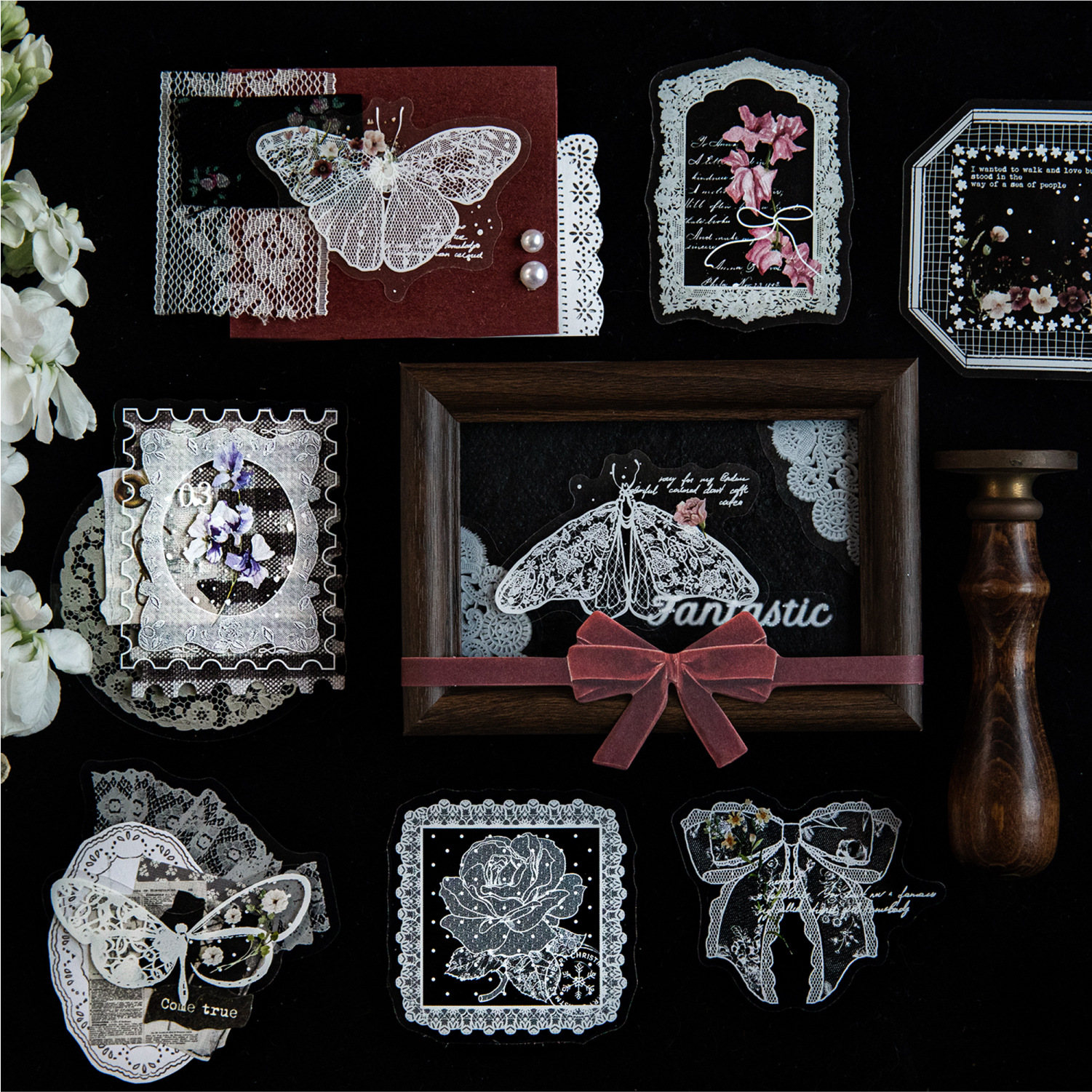 20Pcs Lace Floral Theme PET Stickers