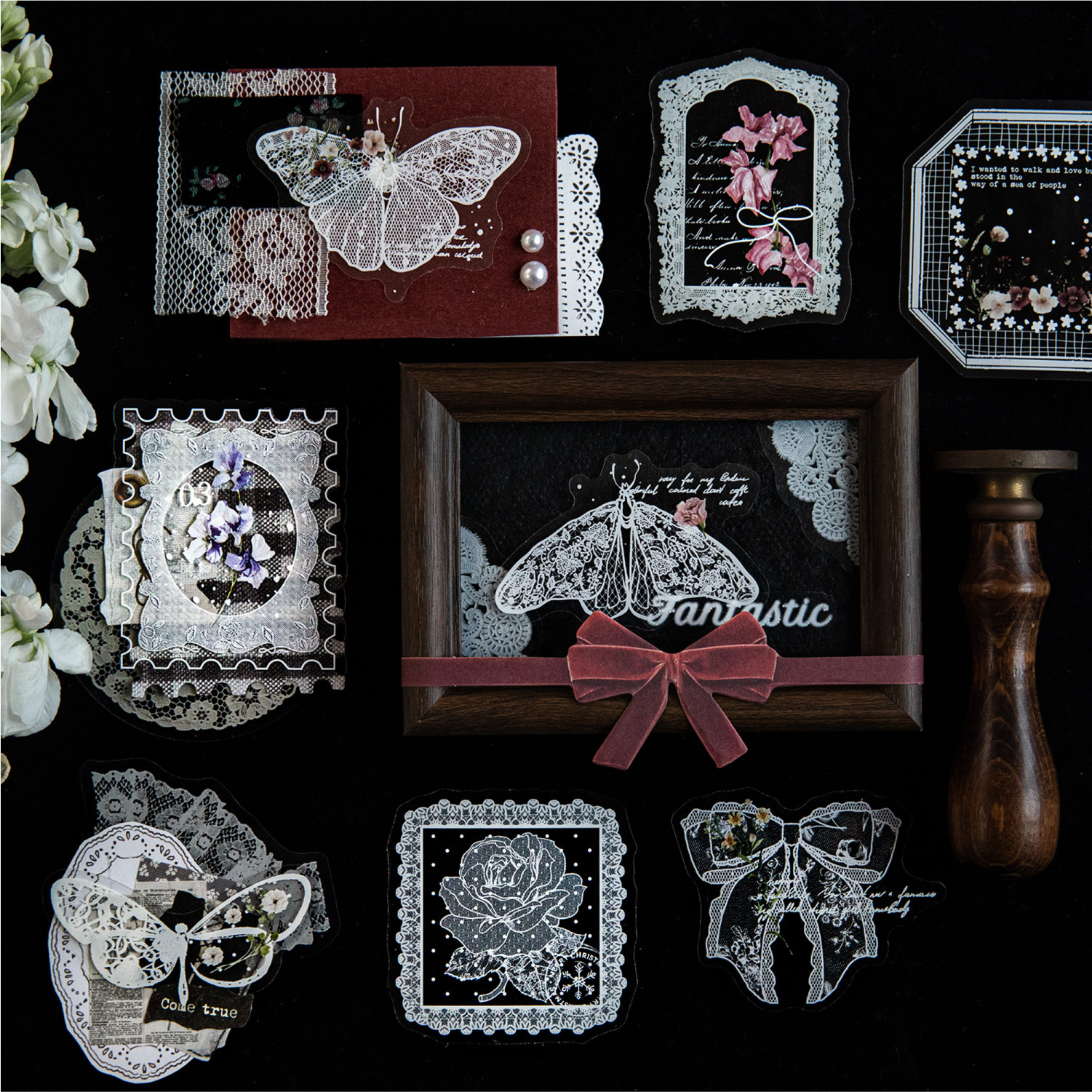 20Pcs Lace Floral Theme PET Stickers