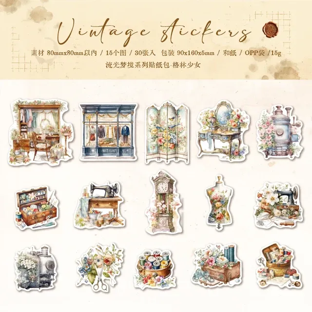 30 pieces/pack Japanese paper retro daily necessities stickers for scrapbooking journaling-JournalTale