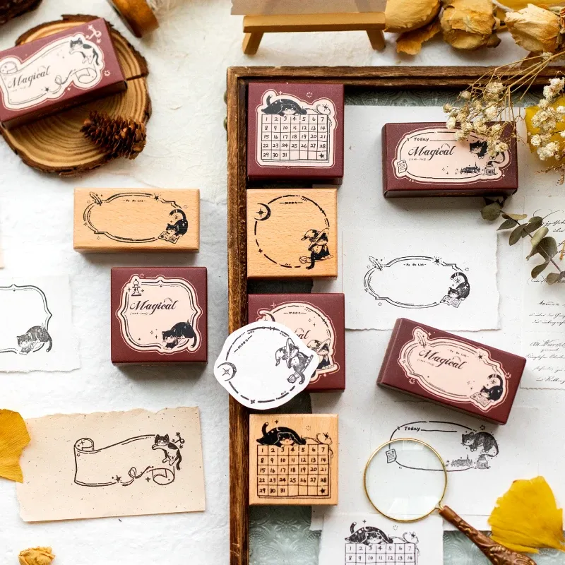 1Pcs Black Cat Wooden Rubber Stamp for Journal Scrapbooking Letter DIY Craft Card Making
