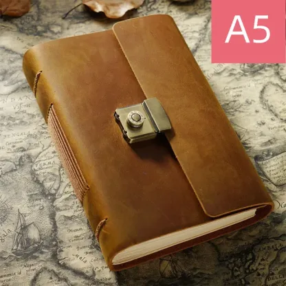 A5/A6/A7 Password Journal Genuine Leather Cover 400 pages Thick Note Book Metal Lock Planner Handmade Retro Blank Kraft Paper