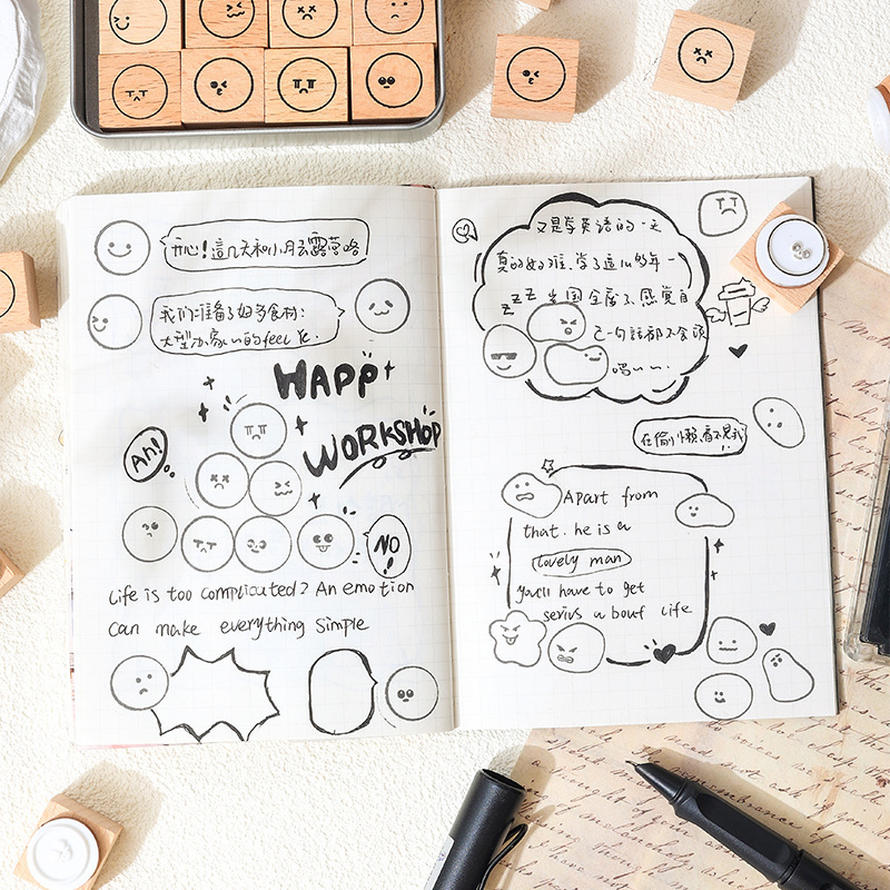 12Pcs Cute Emoji Theme Wooden Stamp