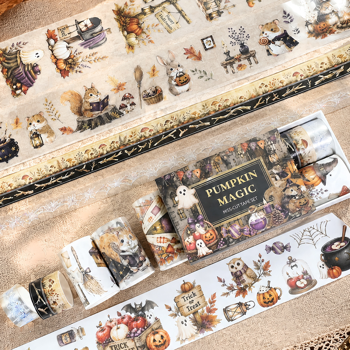 4 Rolls Halloween Autumn Maple Leaves Multi-Design PET Tape Set Box