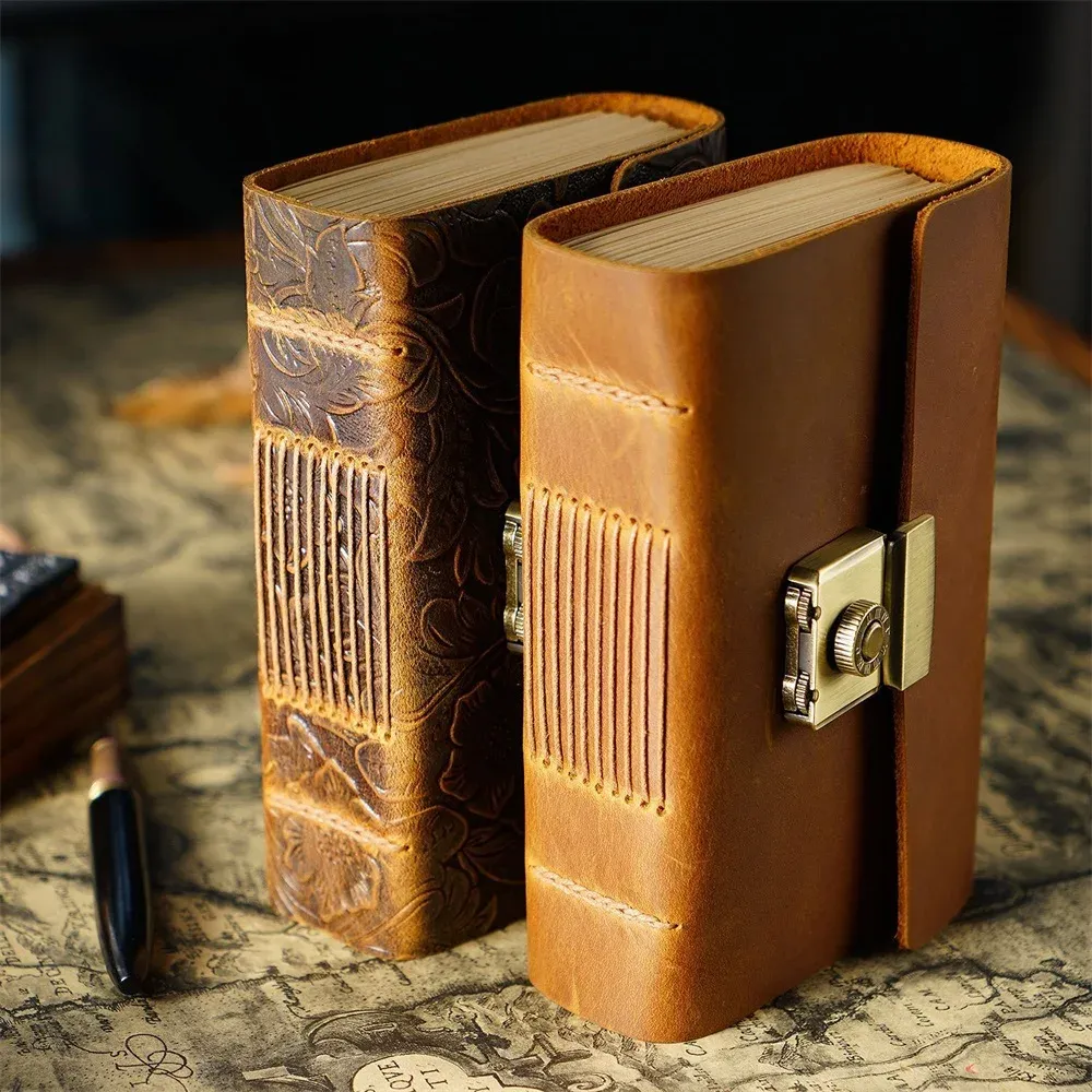 A5/A6/A7 Handmade Password Diary Genuine Leather Cover 400 Pages Thick Vintage Blank Kraft Paper