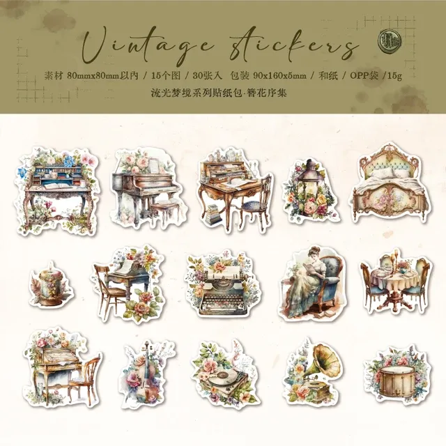 30 pieces/pack Japanese paper retro daily necessities stickers for scrapbooking journaling