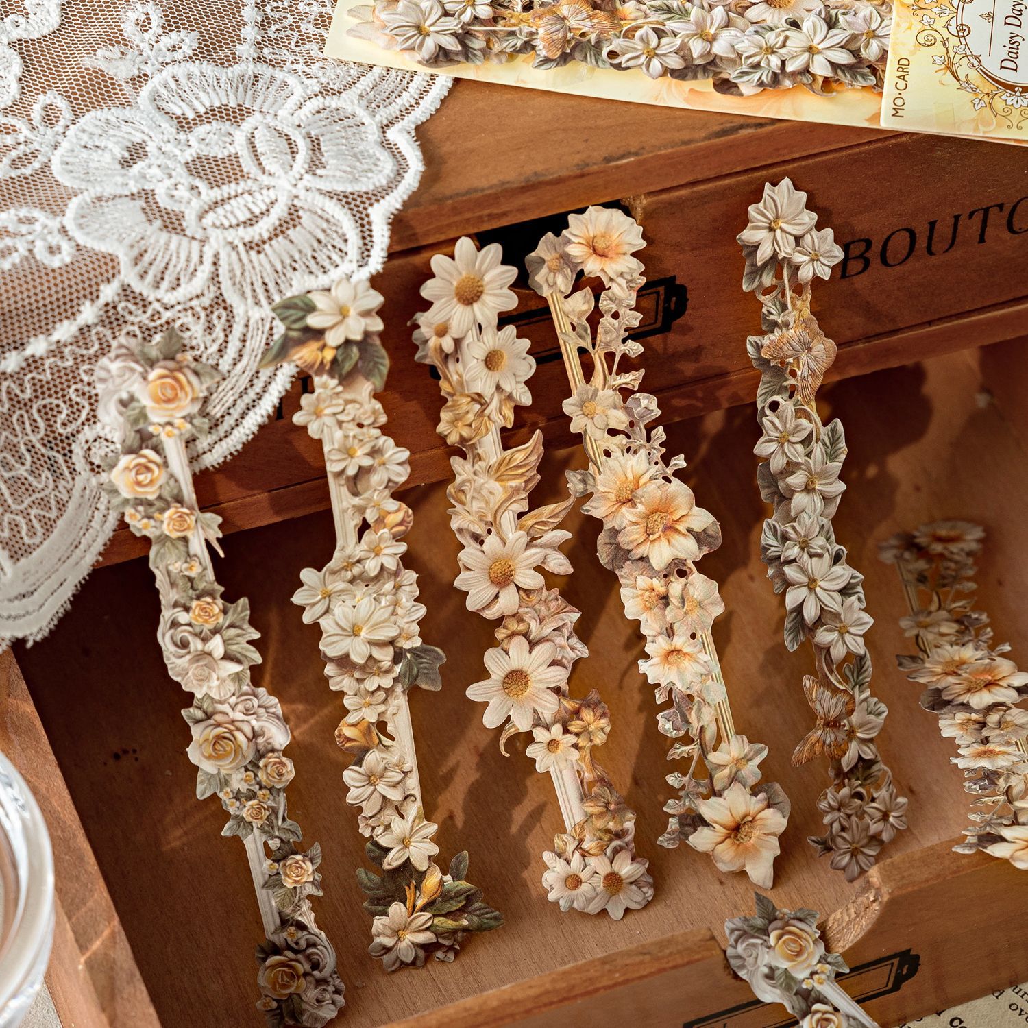 10 pcs/Pack Long Strip Vintage Floral Embossed Stickers