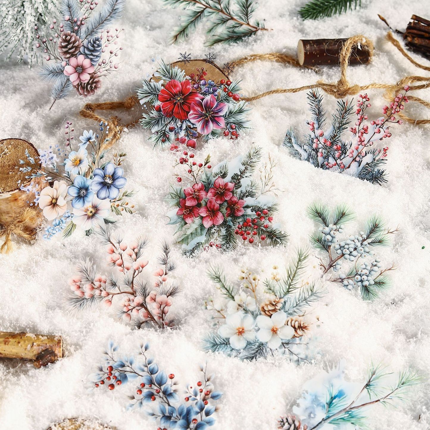 20Pcs/Pack Winter Holly Christmas Tree Flowers Branch Theme Scrapbook PET Stickers