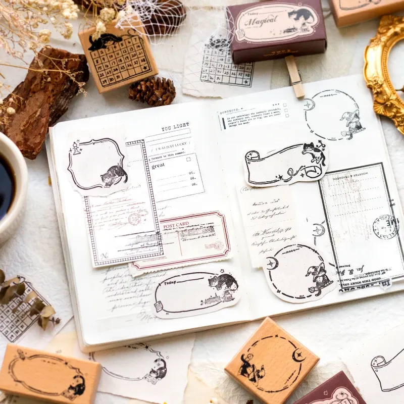 1Pcs Black Cat Wooden Rubber Stamp for Journal Scrapbooking Letter DIY Craft Card Making