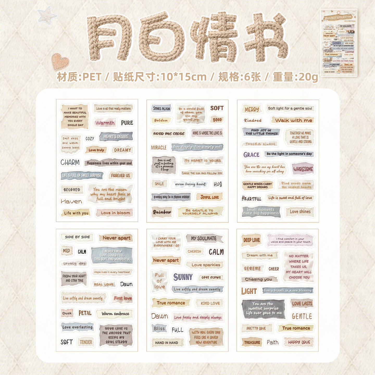 6-Piece Set of English-Text PET Stickers