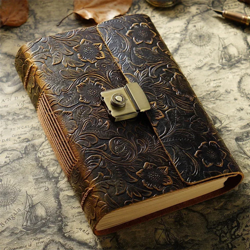 A5/A6/A7 Handmade Password Diary Genuine Leather Cover 400 Pages Thick Vintage Blank Kraft Paper