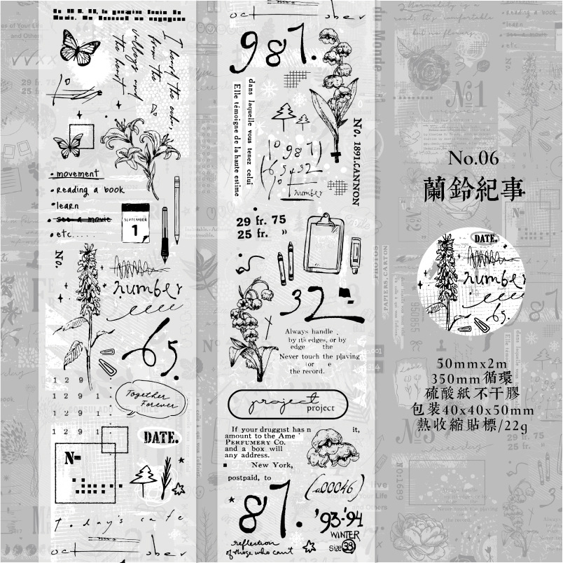Vintage black and white plants phrases sulfuric acid paper background tape 1.97 inches * 78.74 inches
