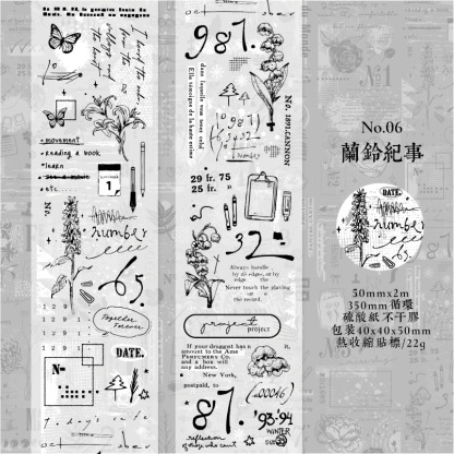 Vintage black and white plants phrases sulfuric acid paper background tape 1.97 inches * 78.74 inches