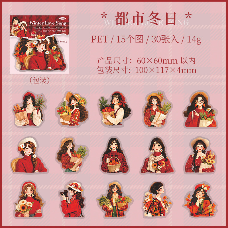 30 Pcs/Pack Christmas Winter Outfit Girls PET Stickers Decoration Journaling Collage