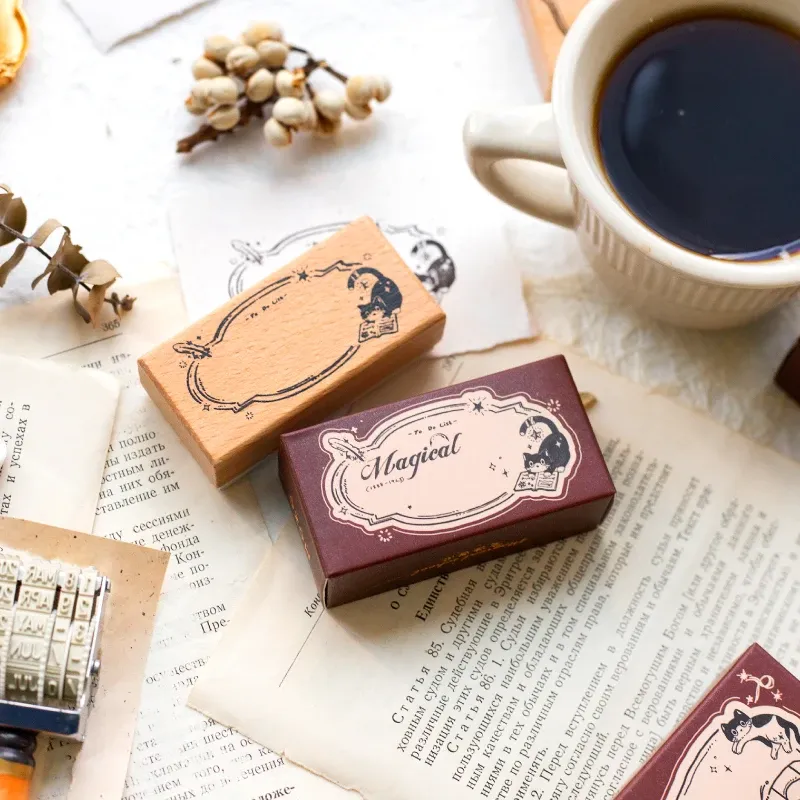 1Pcs Black Cat Wooden Rubber Stamp for Journal Scrapbooking Letter DIY Craft Card Making