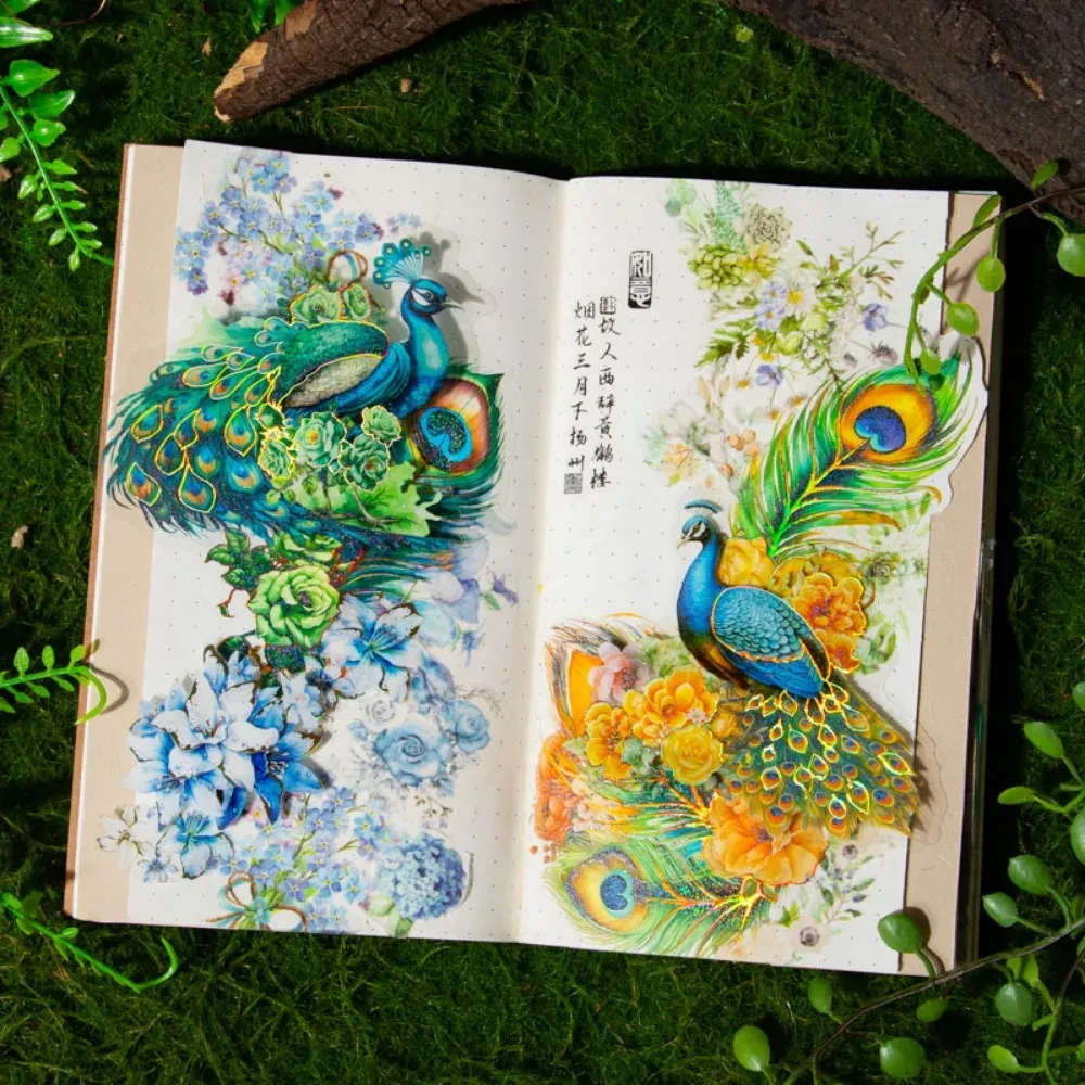 10pcs/pack Light Retro Peacock Theme Laser Sticker