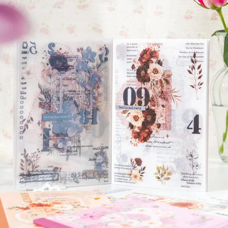 20Page/book Seasonal flower themed PET & Japanese paper sticker book
