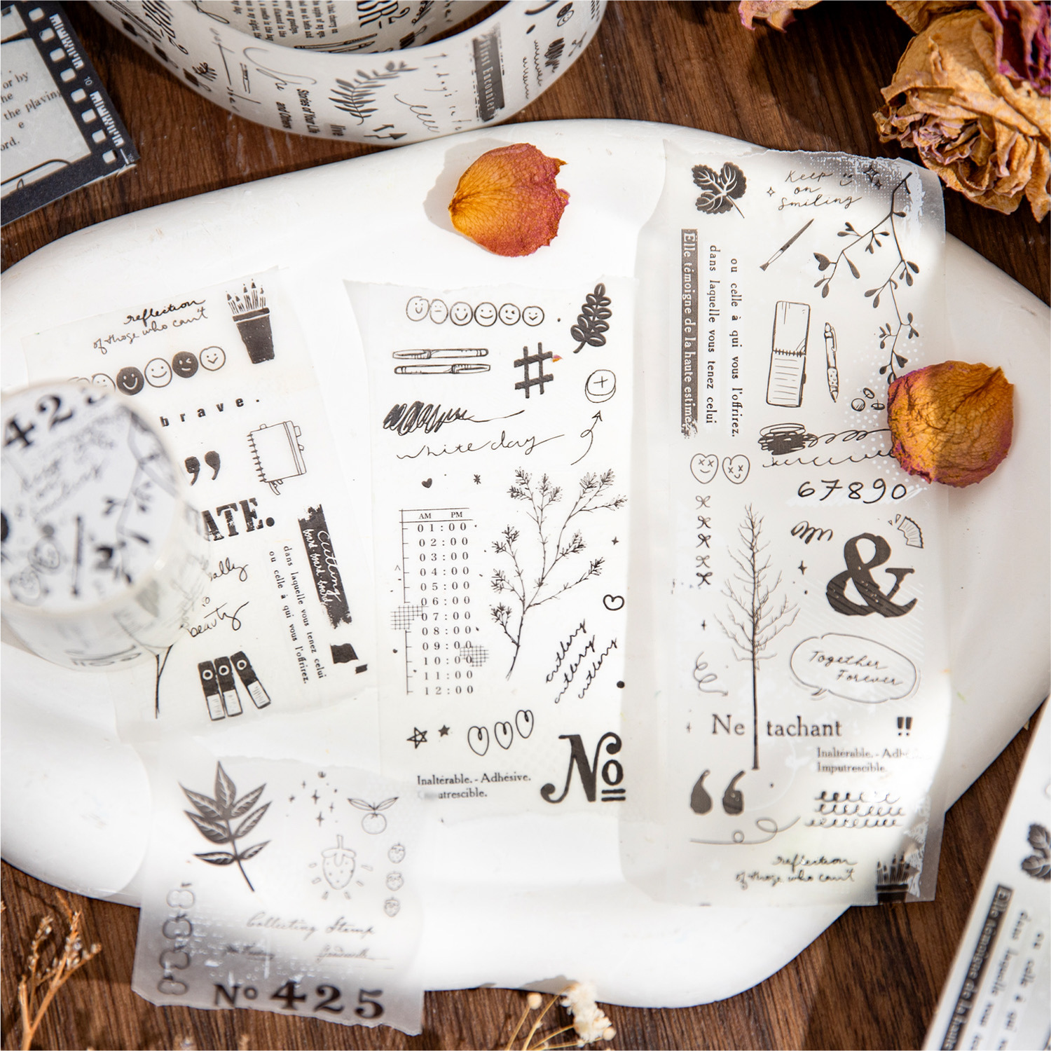 Vintage black and white plants phrases sulfuric acid paper background tape 1.97 inches * 78.74 inches