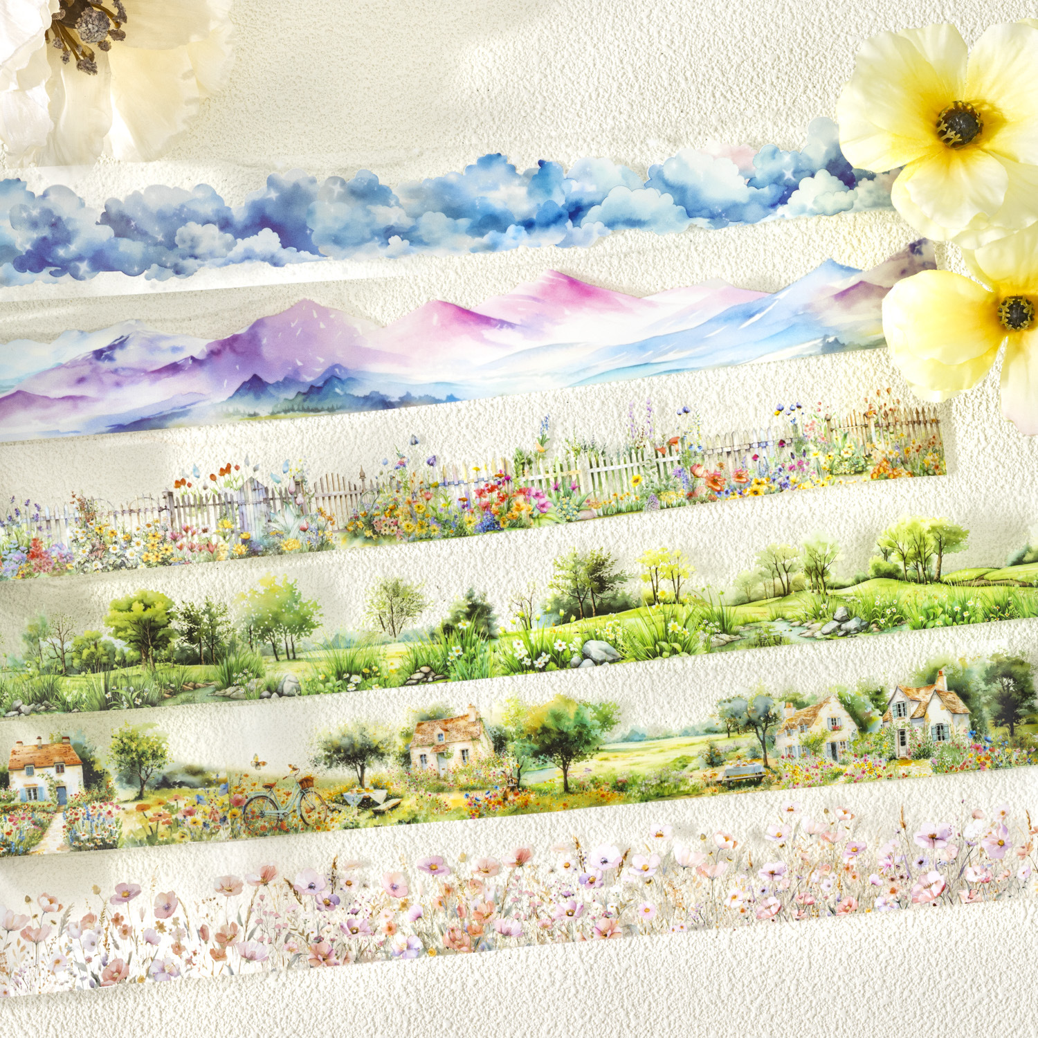 Clouds Mountains Garden House Elements PET Background Tape 1.57 inch * 78.74 inch
