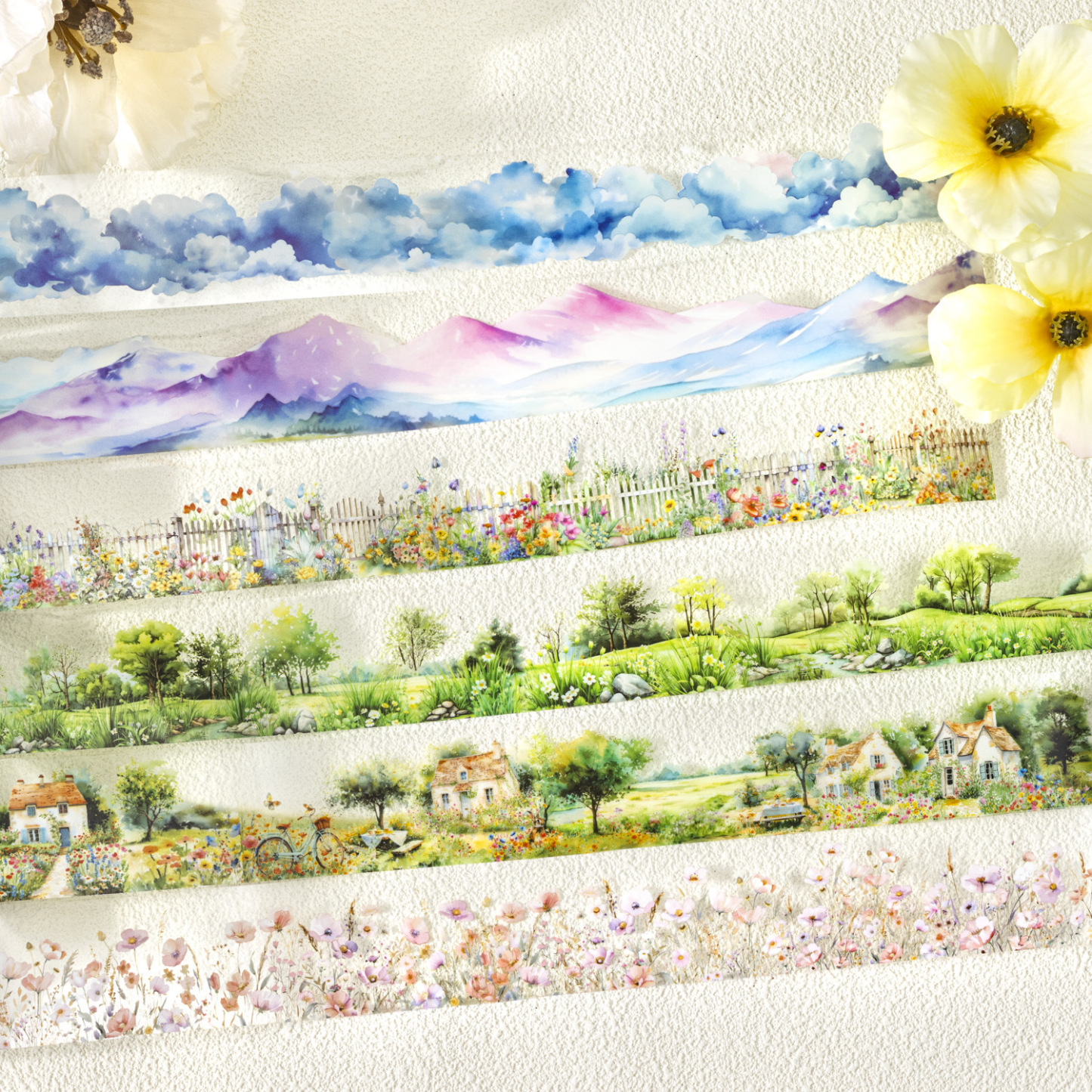 Clouds Mountains Garden House Elements PET Background Tape 1.57 inch * 78.74 inch