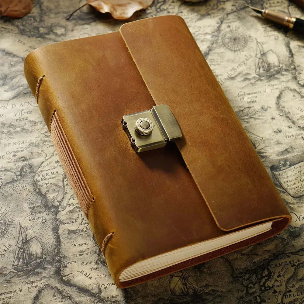 A5/A6/A7 Handmade Password Diary Genuine Leather Cover 400 Pages Thick Vintage Blank Kraft Paper