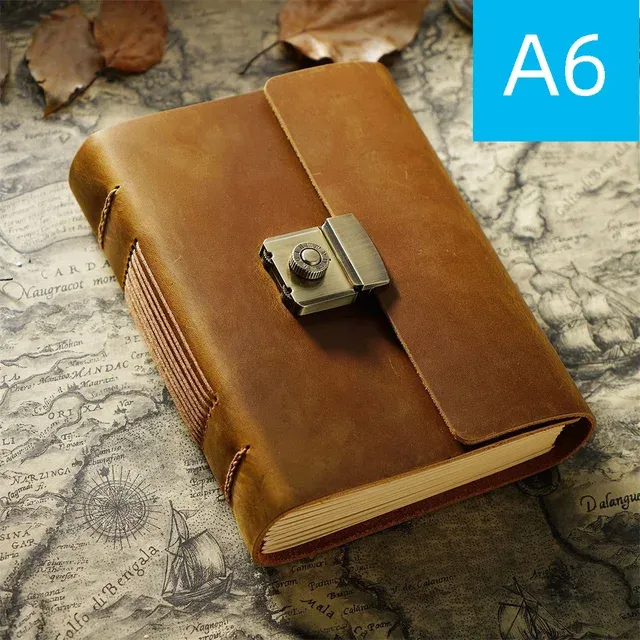 A5/A6/A7 Handmade Password Diary Genuine Leather Cover 400 Pages Thick Vintage Blank Kraft Paper