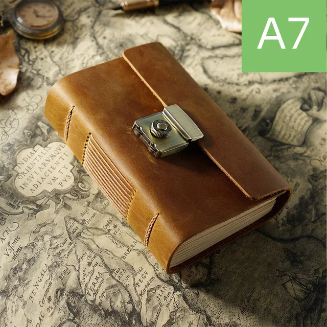 A5/A6/A7 Handmade Password Diary Genuine Leather Cover 400 Pages Thick Vintage Blank Kraft Paper