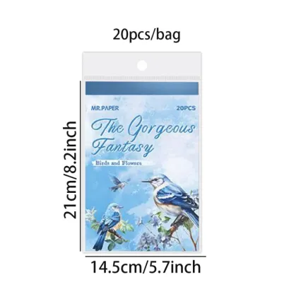 20Pcs illustrated flower, bird and landscape sticker book suitable for scrapbooking, diary and bullet journal