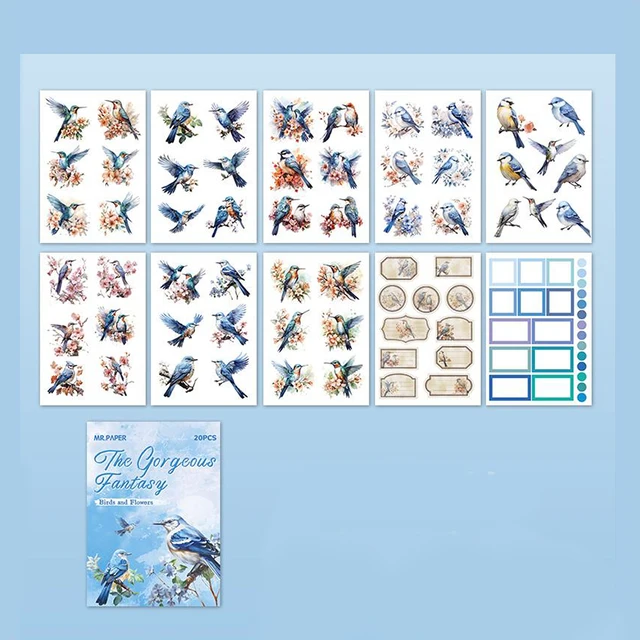 20Pcs illustrated flower, bird and landscape sticker book suitable for