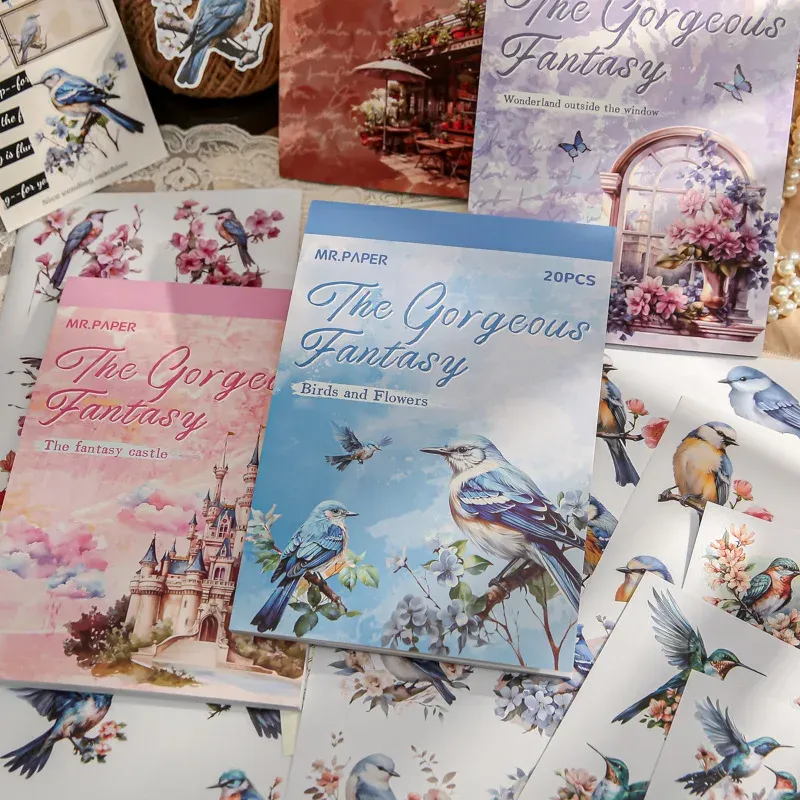 20Pcs illustrated flower, bird and landscape sticker book suitable for scrapbooking, diary and bullet journal