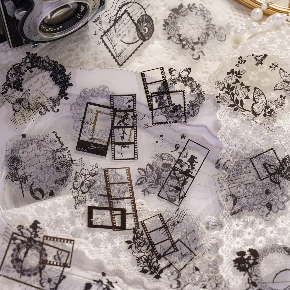 30pcs/pack Vintage Lace Floral White Ink Stickers Bag