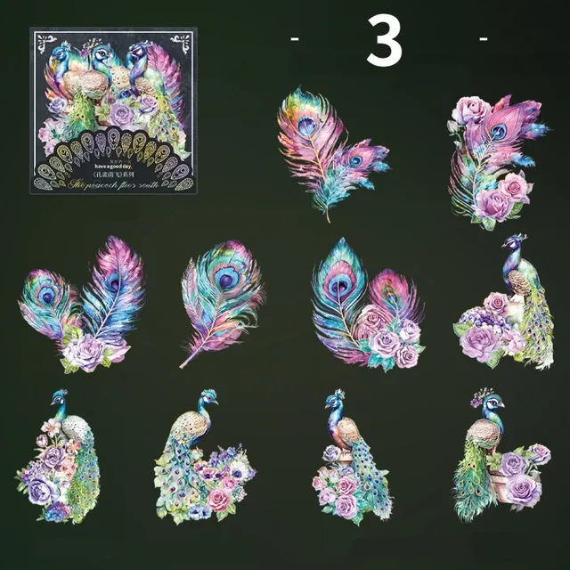 10pcs/pack Light Retro Peacock Theme Laser Sticker
