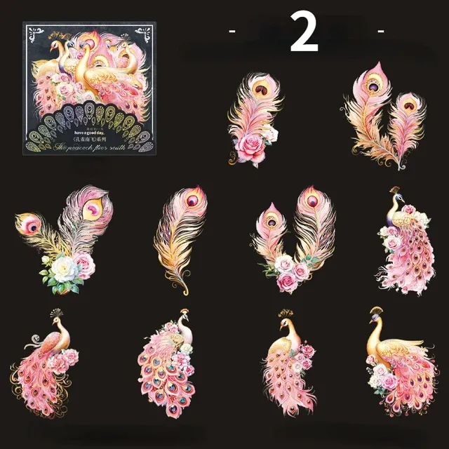 10pcs/pack Light Retro Peacock Theme Laser Sticker