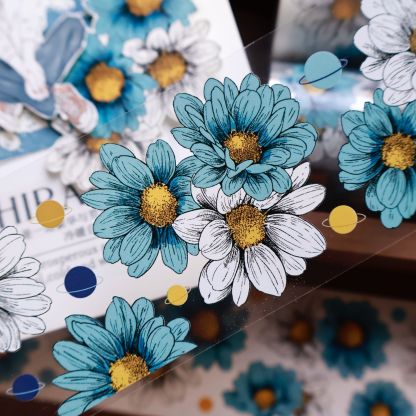 YIER Studio Blue Chrysanthemum Washi PET Tape 2.17 inch * 236.22 inch