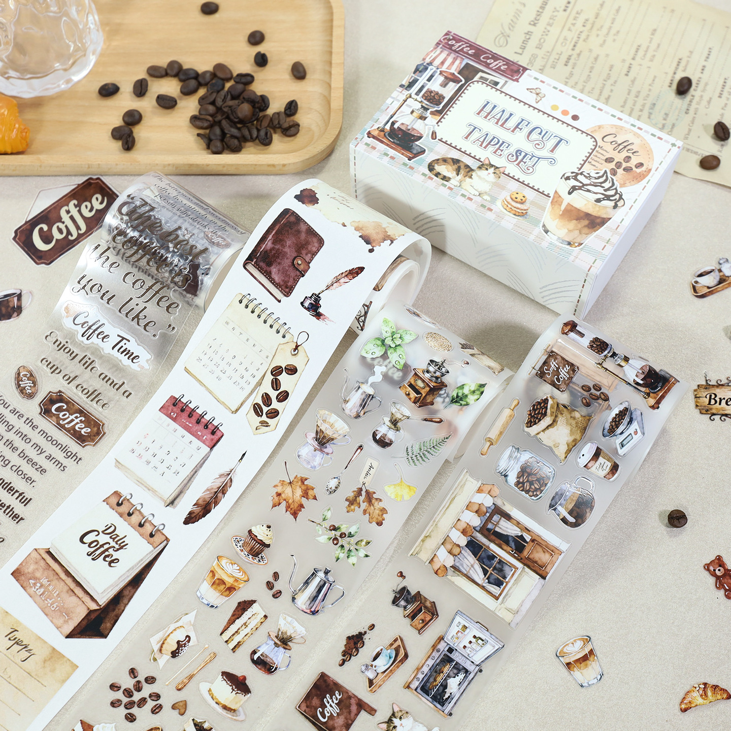 4-roll/set Coffee Roasting Cats Vintage PET tape set Multiple Designs